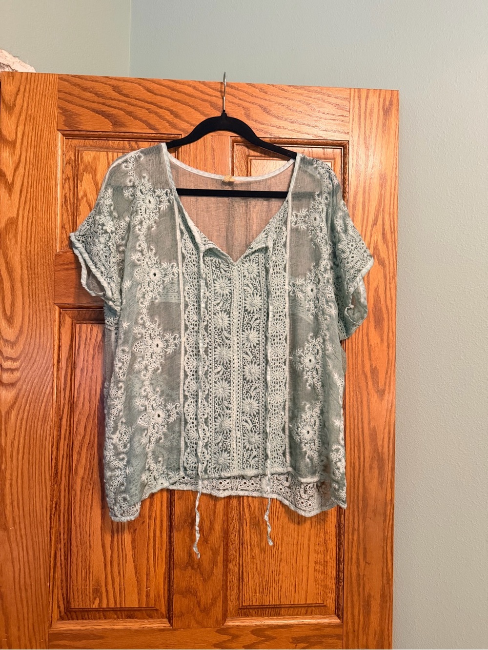 Boho silk Lace-Trim V-Neck Top in Sage Green